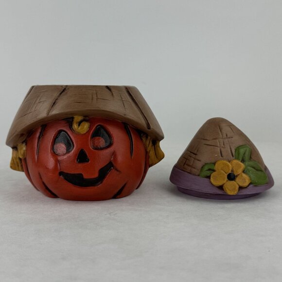 Vintage Ceramic Pumpkin Jar With Scarecrow Hat Lid Harvest Jack-O-Lantern 5.5" - Picture 2 of 11